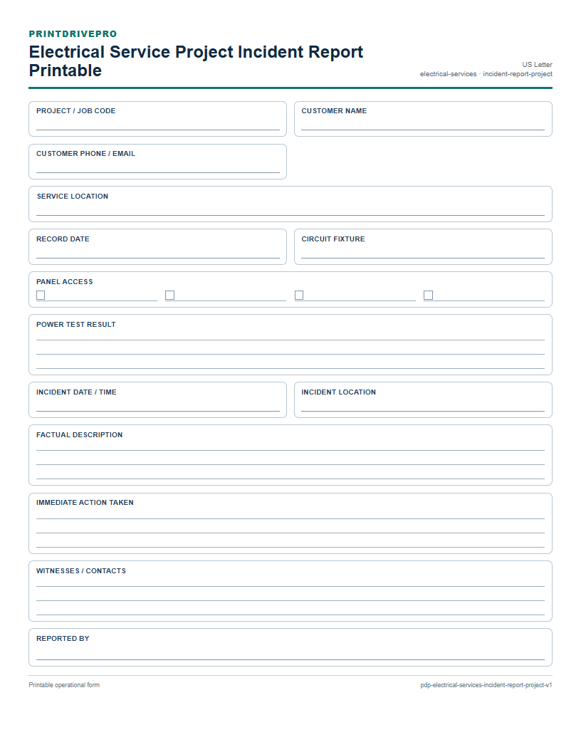 Electrical Service Project Incident Report Printable preview