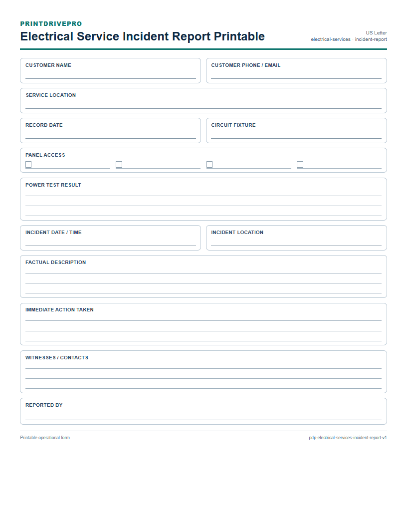 Electrical Service Incident Report Printable preview