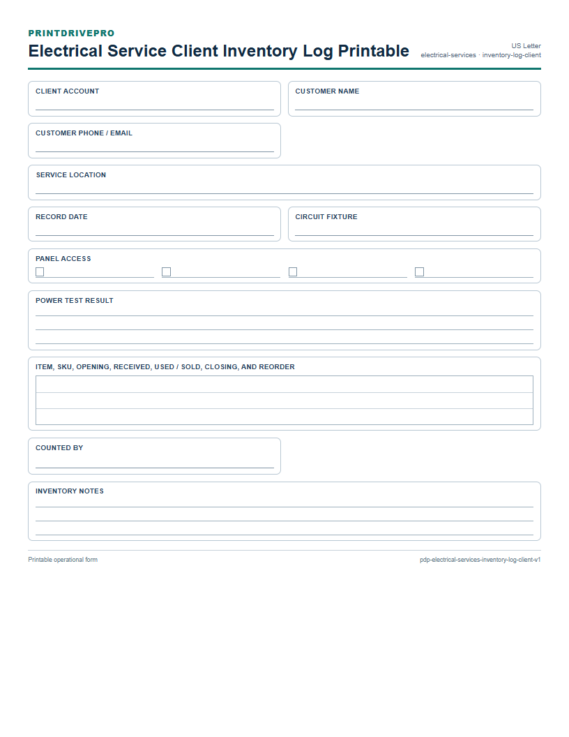 Electrical Service Client Inventory Log Printable preview