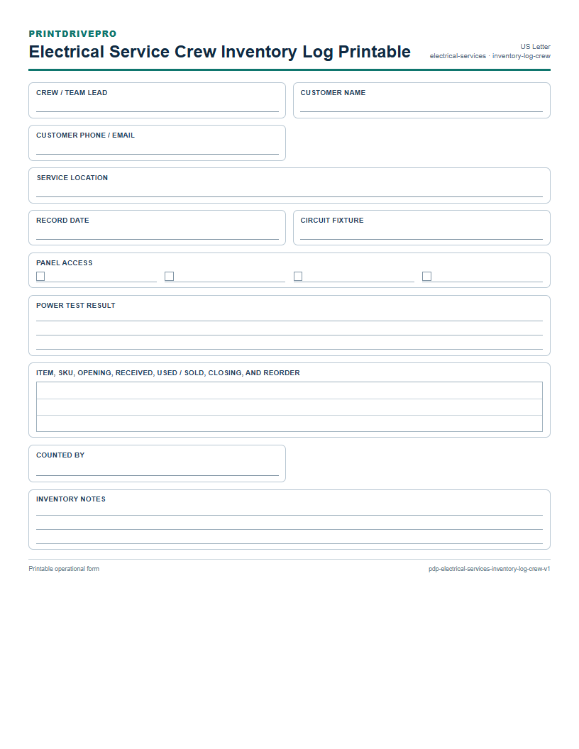 Electrical Service Crew Inventory Log Printable preview