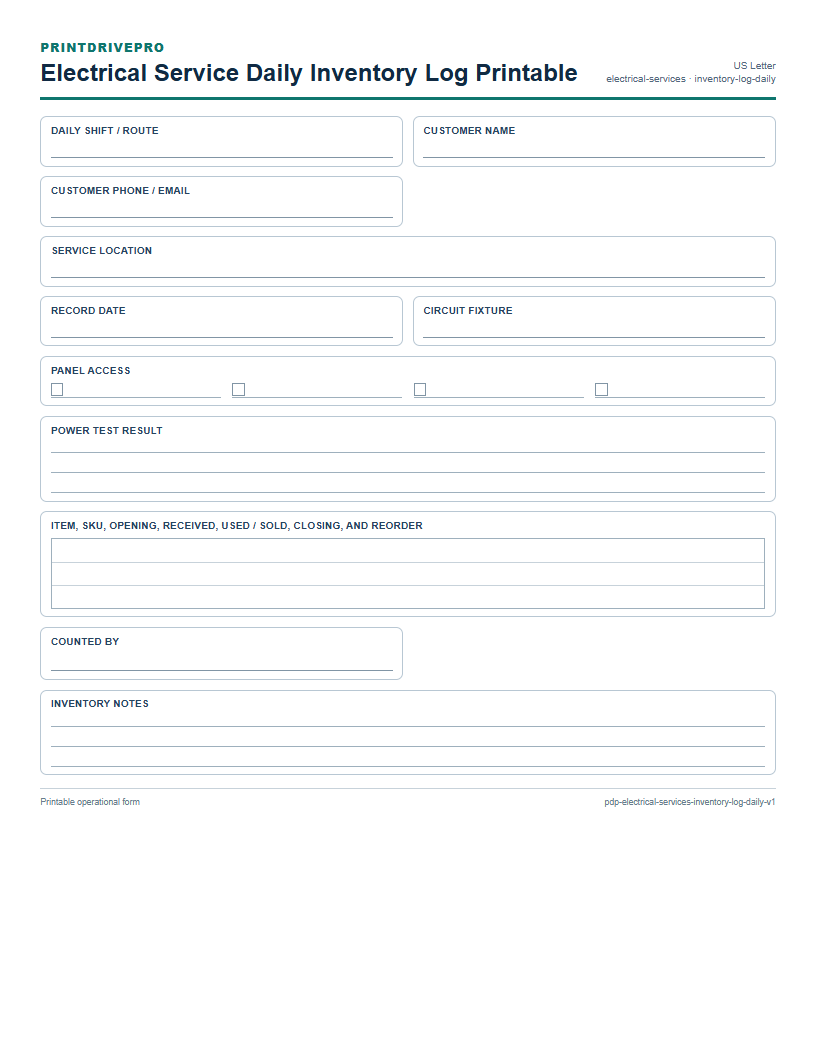 Electrical Service Daily Inventory Log Printable preview