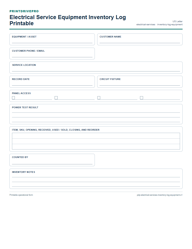 Electrical Service Equipment Inventory Log Printable preview