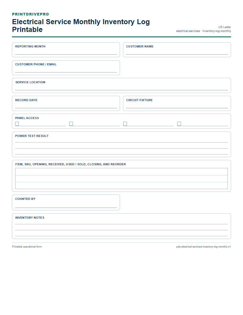 Electrical Service Monthly Inventory Log Printable preview