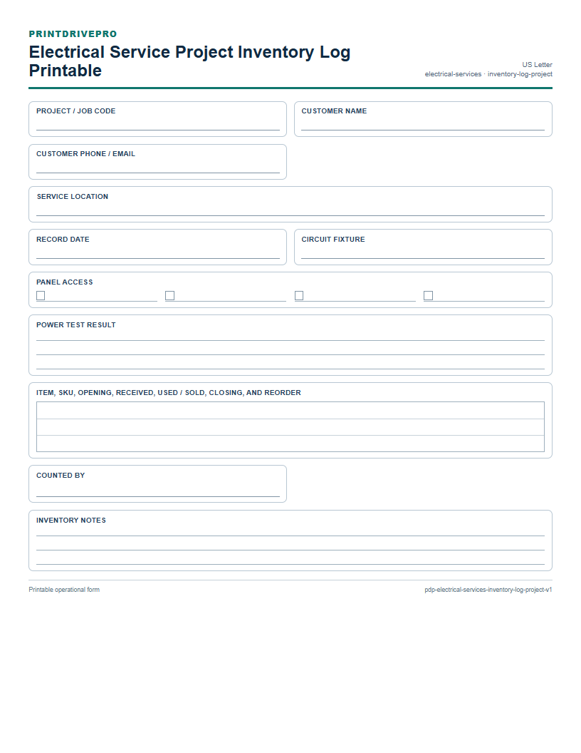 Electrical Service Project Inventory Log Printable preview