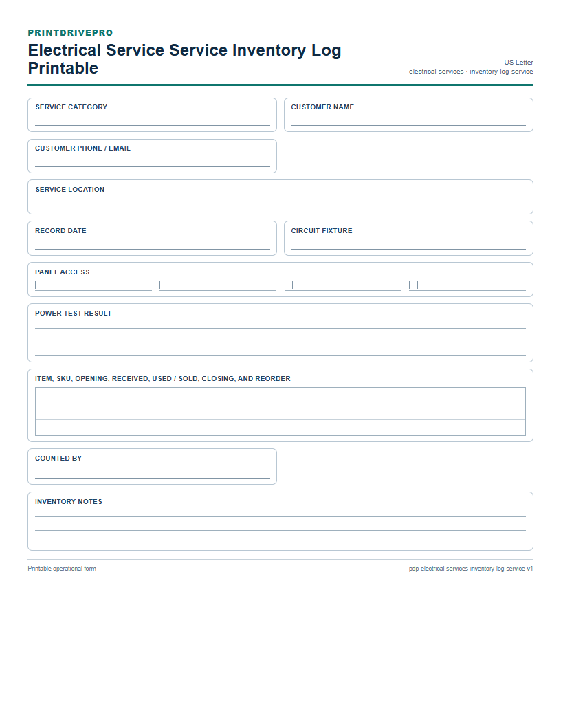 Electrical Service Service Inventory Log Printable preview
