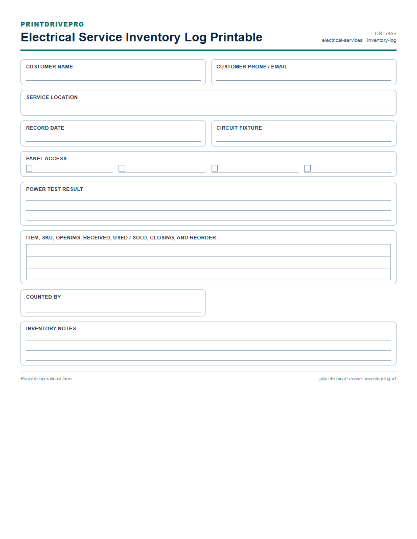 Electrical Service Inventory Log Printable preview