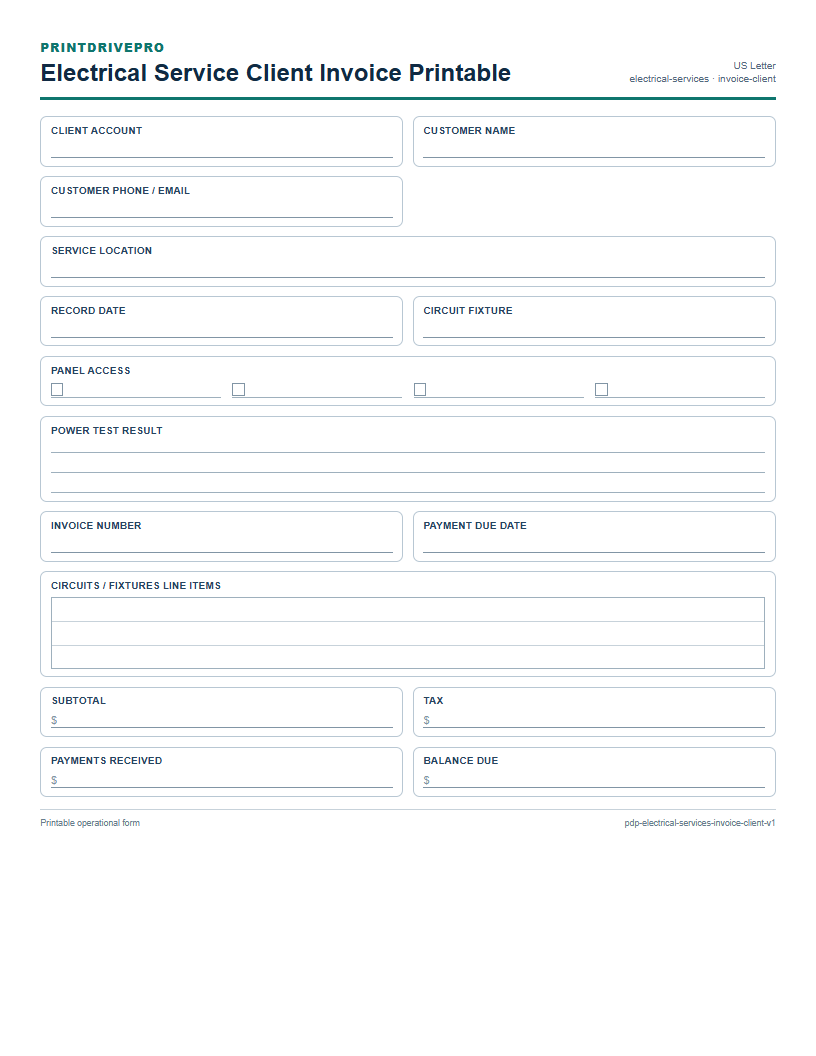 Electrical Service Client Invoice Printable preview