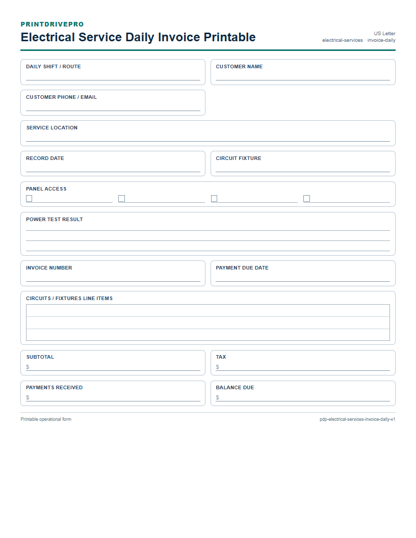 Electrical Service Daily Invoice Printable preview