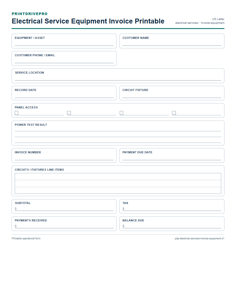 Electrical Service Equipment Invoice Printable preview