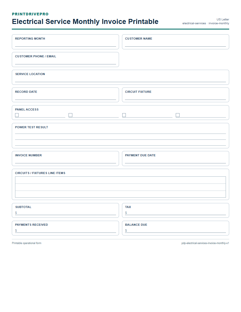 Electrical Service Monthly Invoice Printable preview