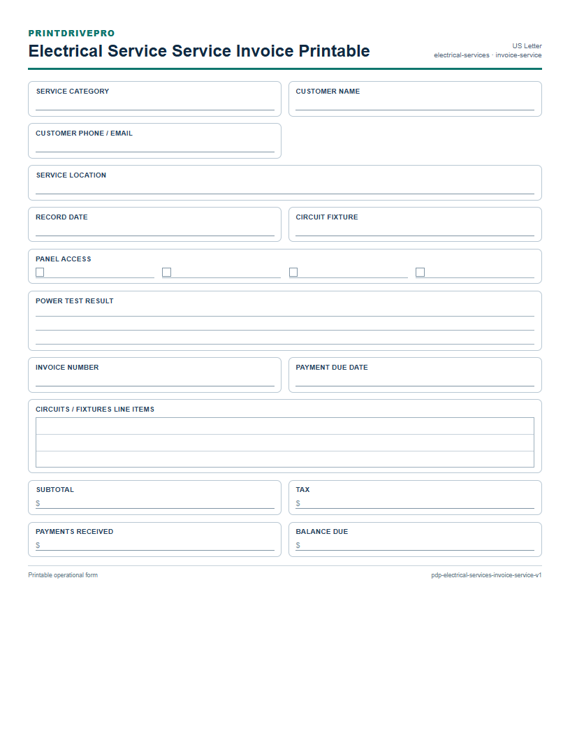 Electrical Service Service Invoice Printable preview