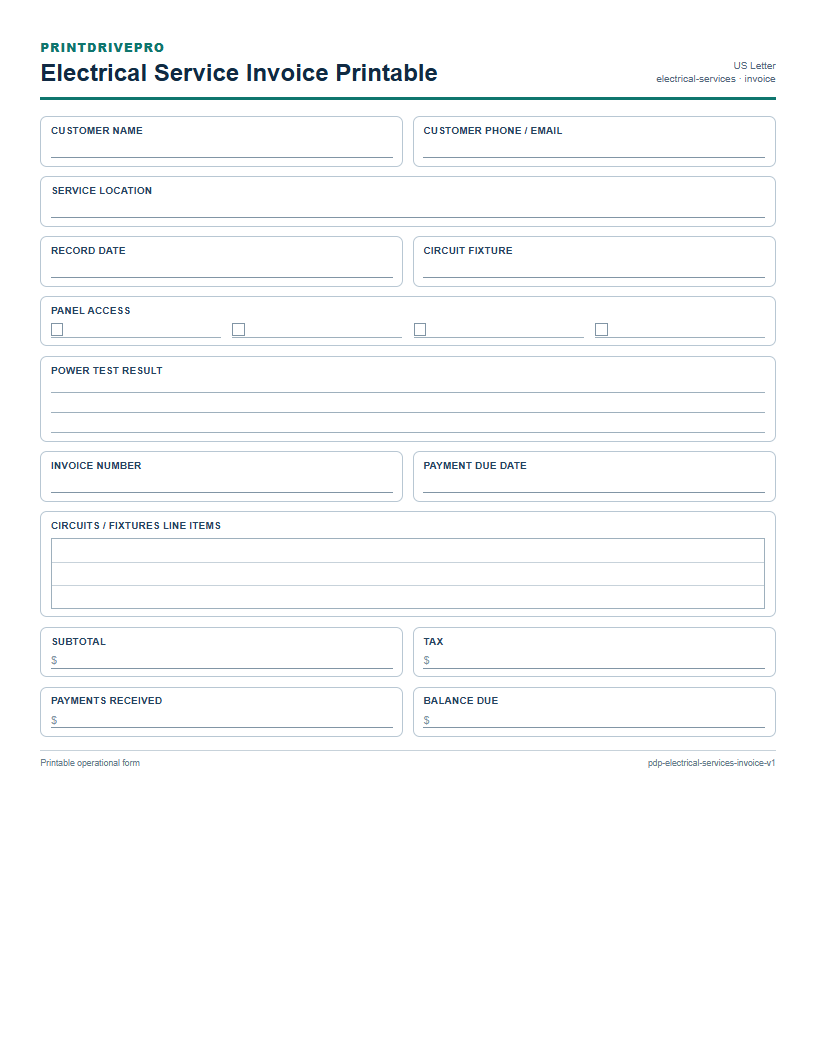 Electrical Service Invoice Printable preview