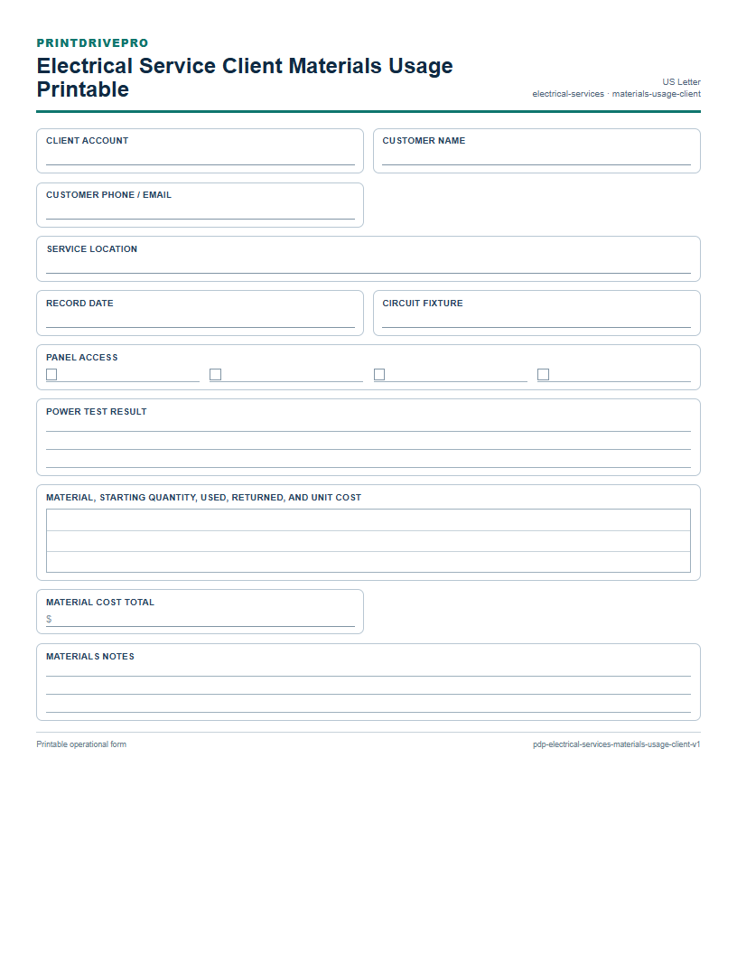 Electrical Service Client Materials Usage Printable preview