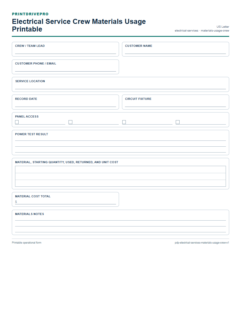 Electrical Service Crew Materials Usage Printable preview