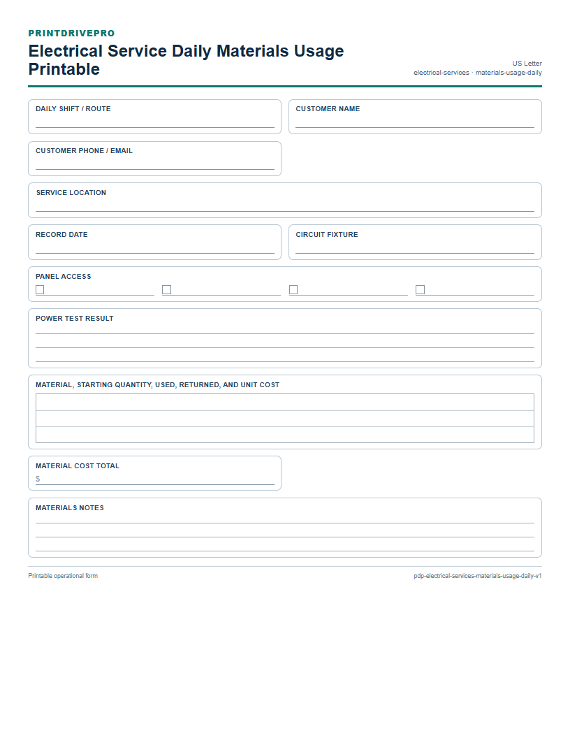 Electrical Service Daily Materials Usage Printable preview