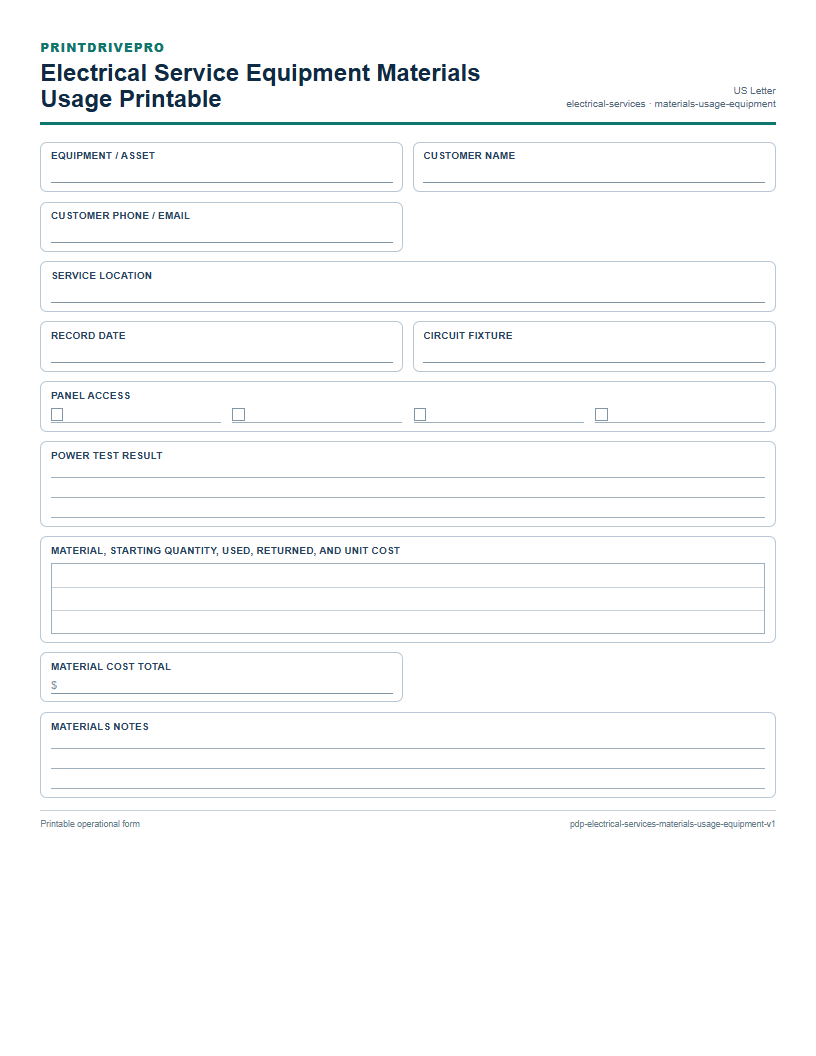 Electrical Service Equipment Materials Usage Printable preview