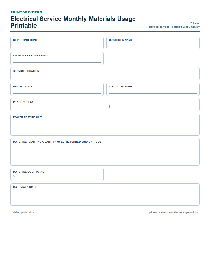 Electrical Service Monthly Materials Usage Printable preview