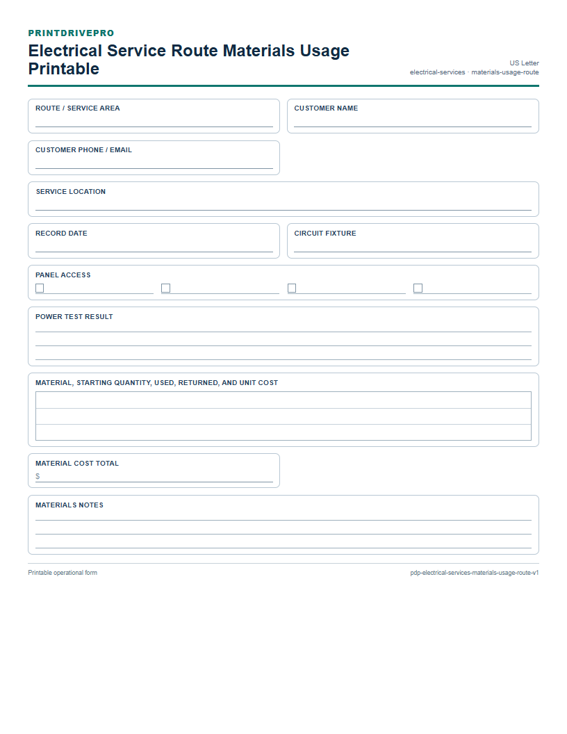 Electrical Service Route Materials Usage Printable preview