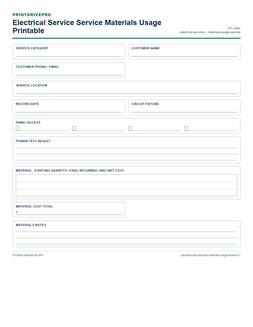 Electrical Service Service Materials Usage Printable preview