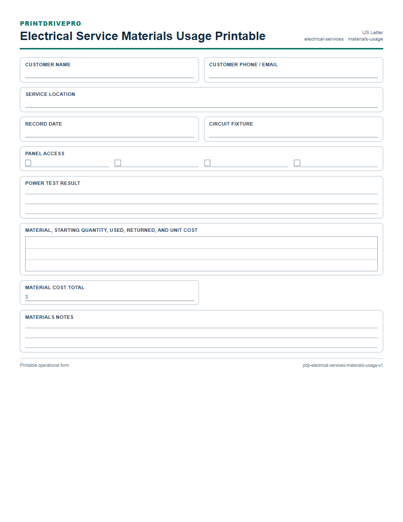 Electrical Service Materials Usage Printable preview