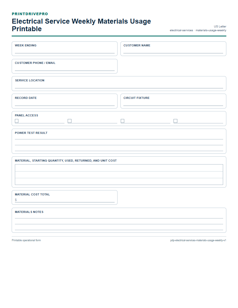 Electrical Service Weekly Materials Usage Printable preview