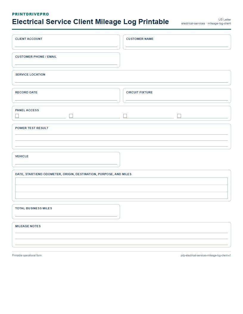 Electrical Service Client Mileage Log Printable preview