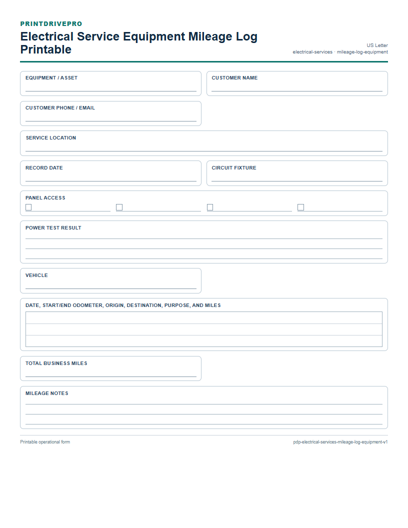 Electrical Service Equipment Mileage Log Printable preview