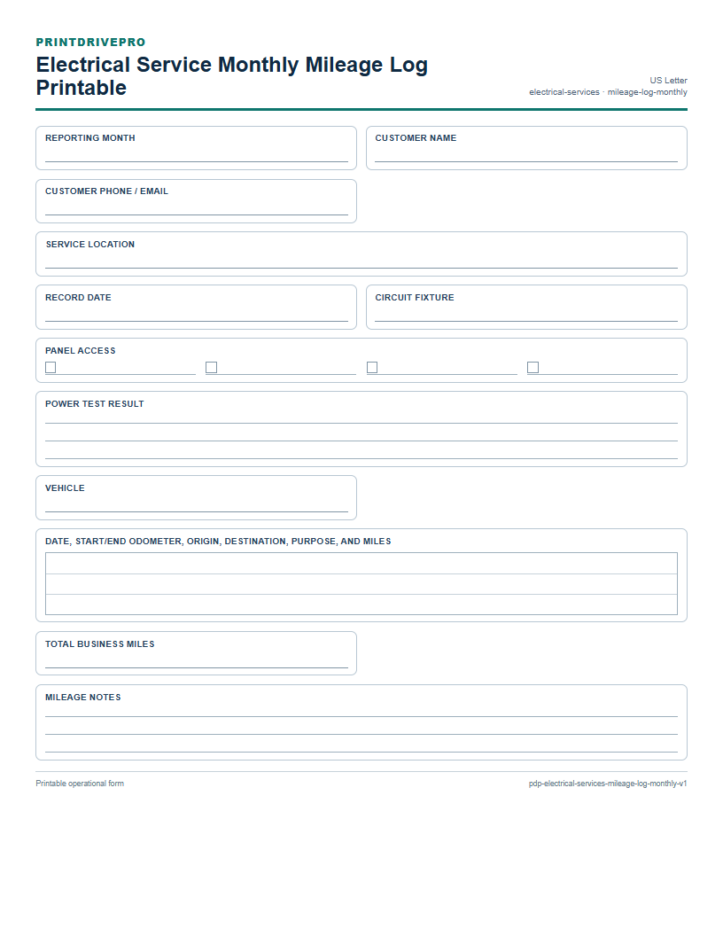 Electrical Service Monthly Mileage Log Printable preview