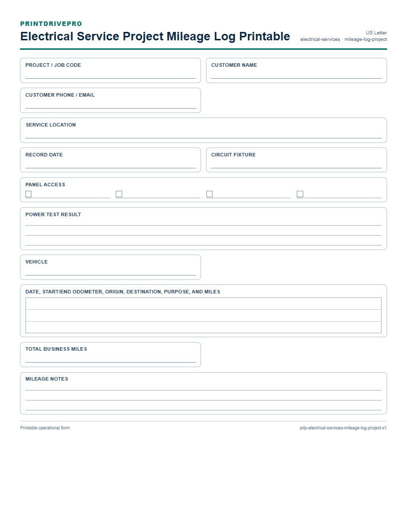 Electrical Service Project Mileage Log Printable preview