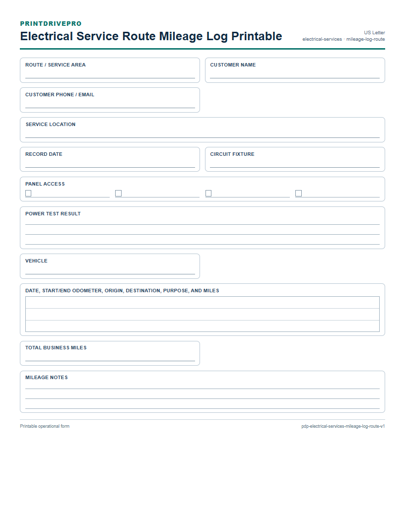 Electrical Service Route Mileage Log Printable preview
