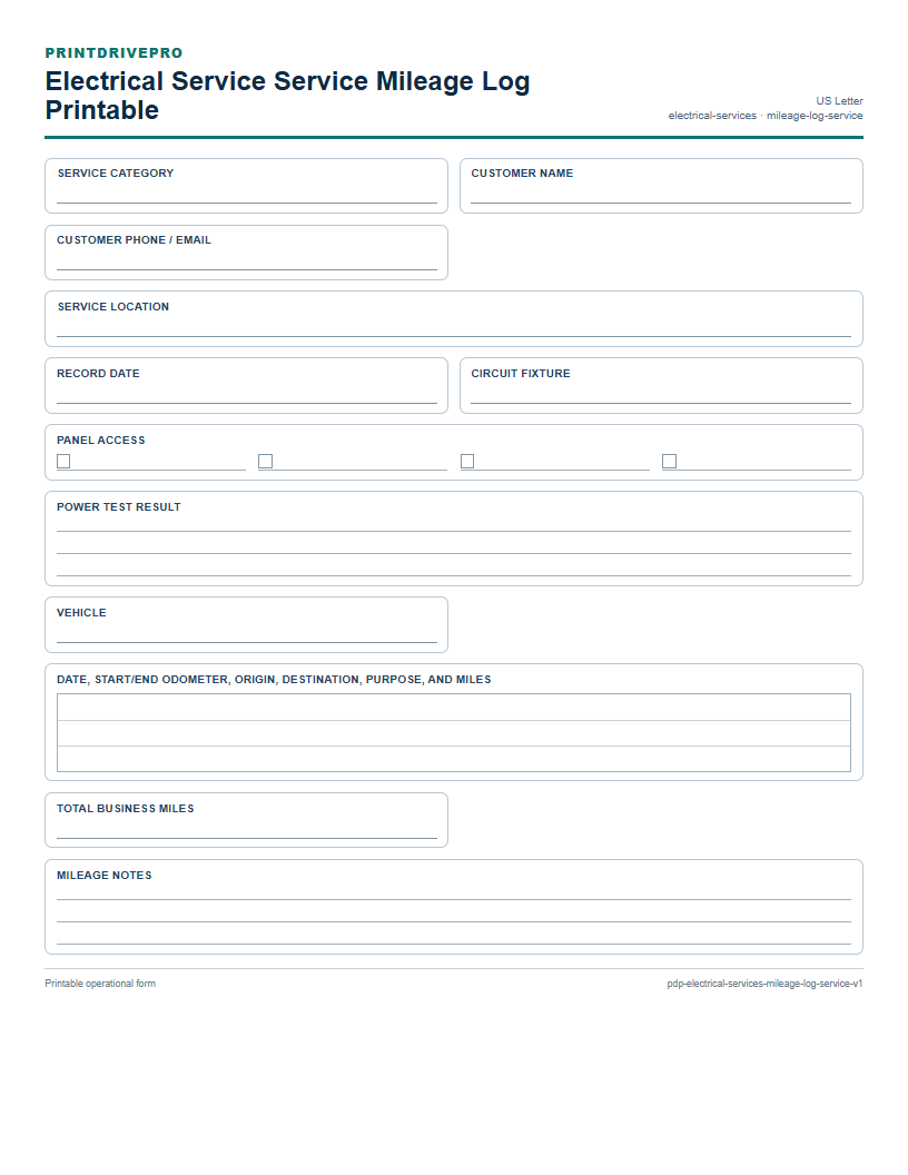 Electrical Service Service Mileage Log Printable preview