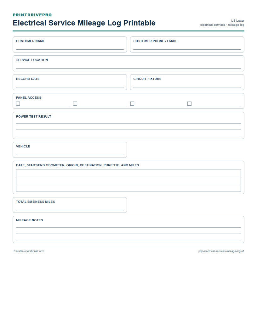 Electrical Service Mileage Log Printable preview