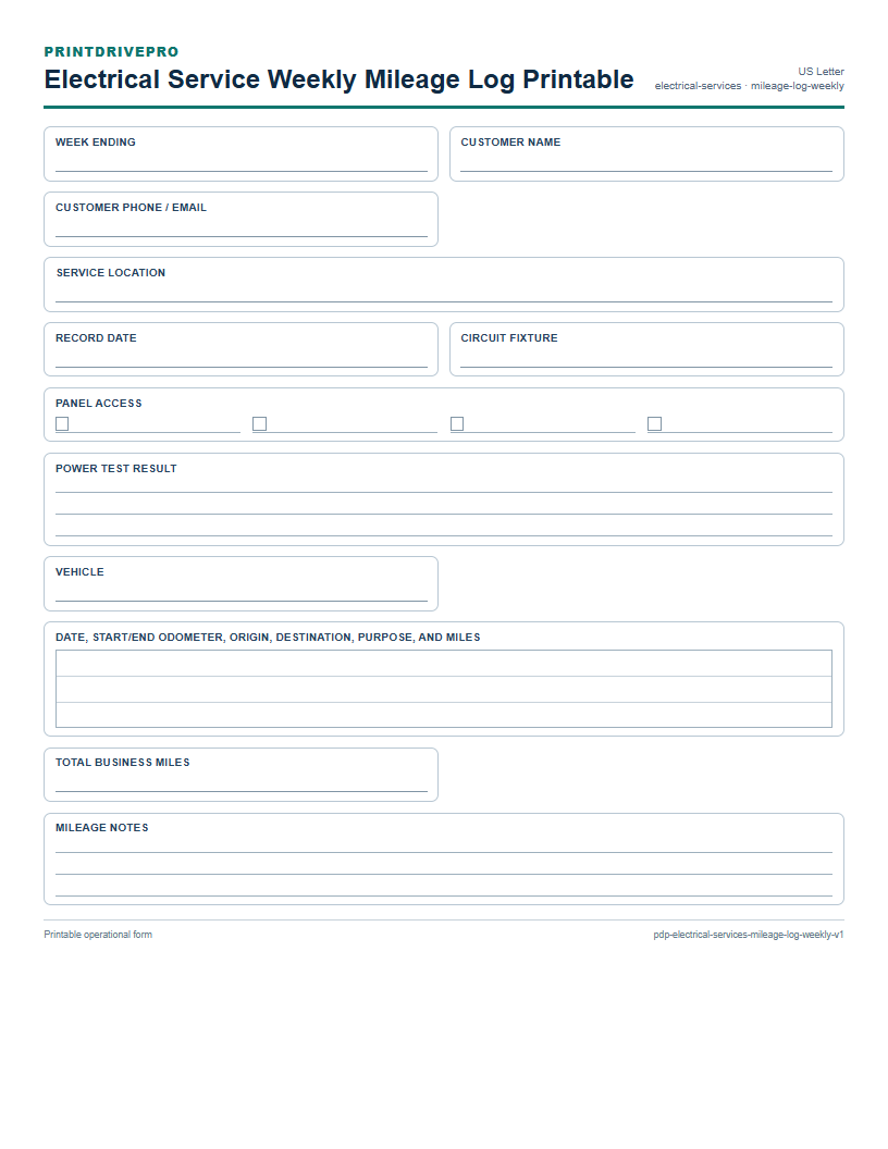 Electrical Service Weekly Mileage Log Printable preview