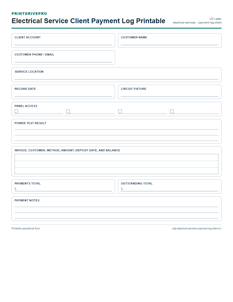 Electrical Service Client Payment Log Printable preview