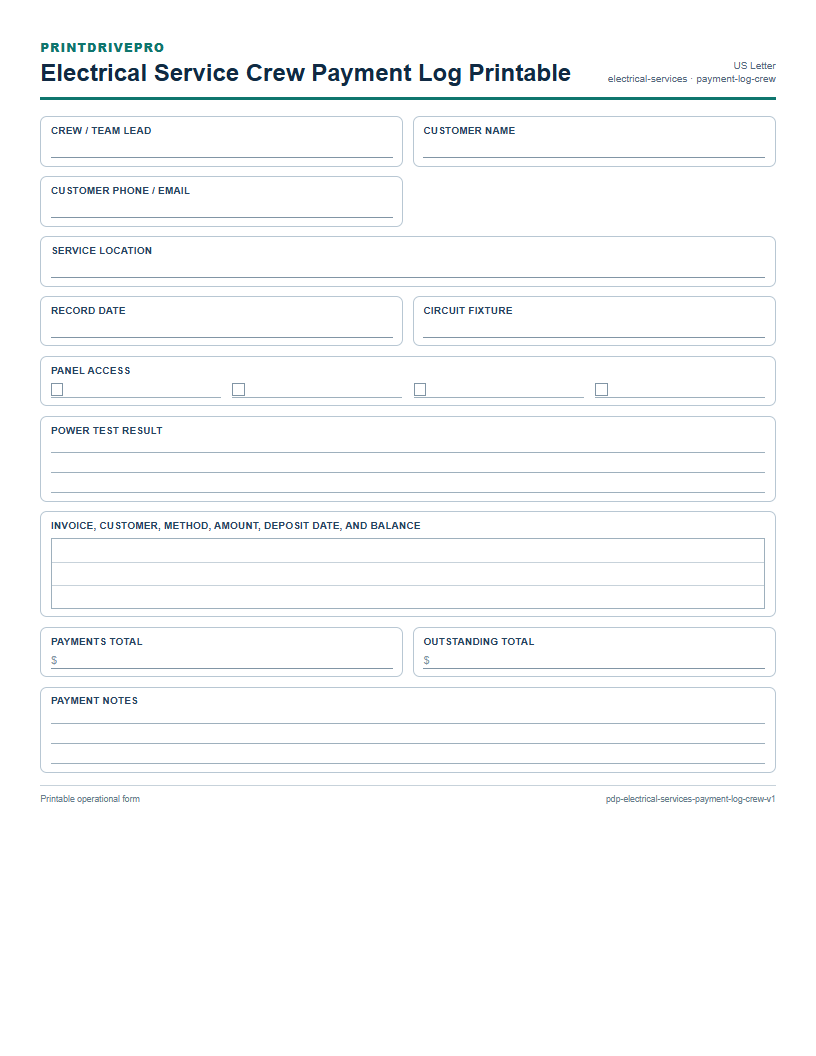 Electrical Service Crew Payment Log Printable preview
