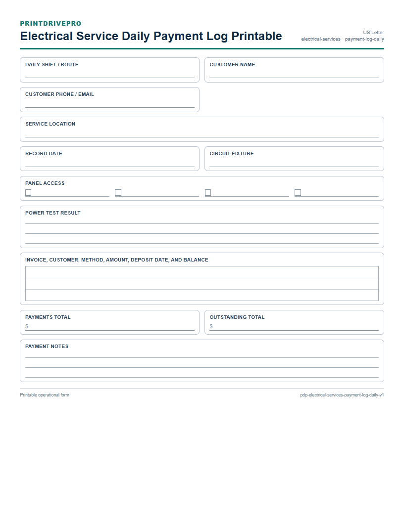 Electrical Service Daily Payment Log Printable preview