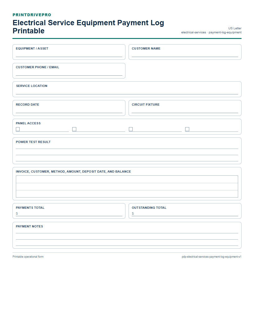 Electrical Service Equipment Payment Log Printable preview