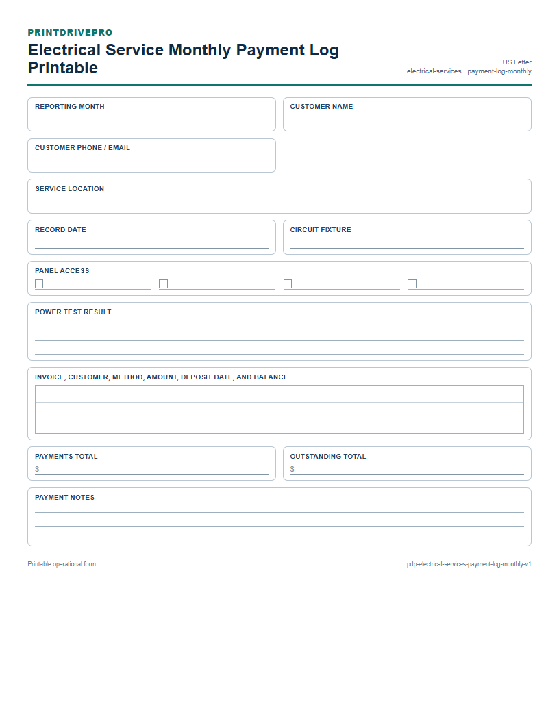 Electrical Service Monthly Payment Log Printable preview