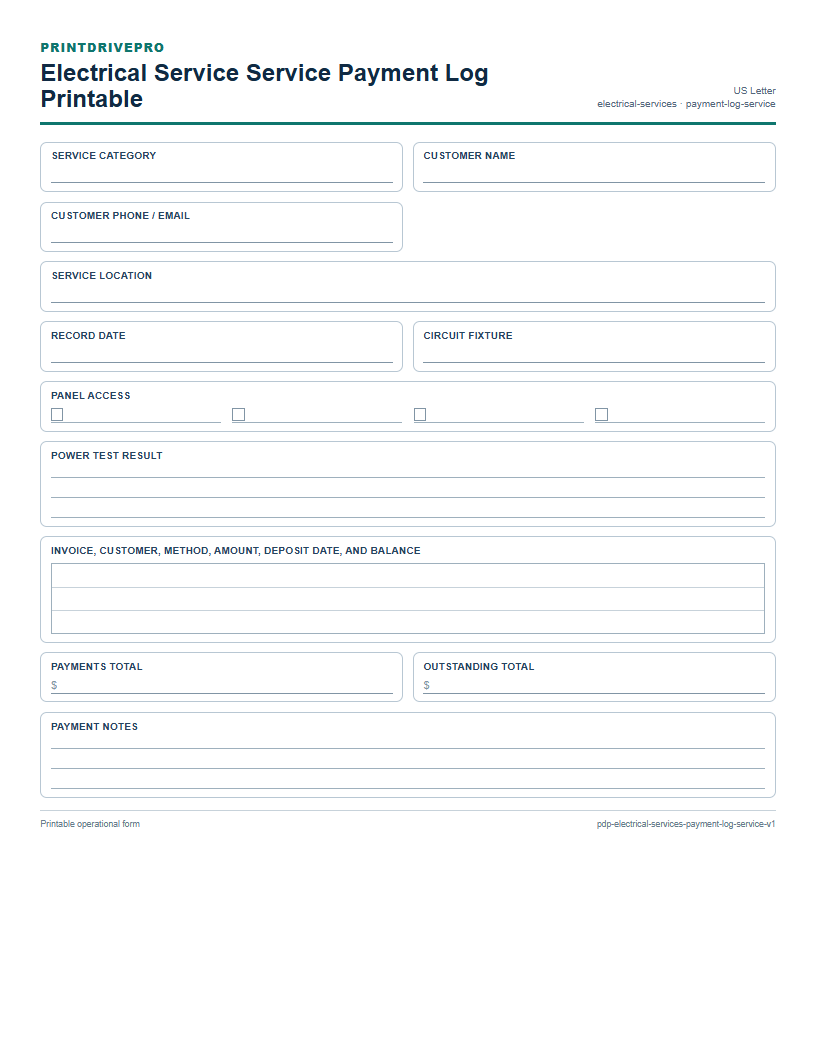 Electrical Service Service Payment Log Printable preview
