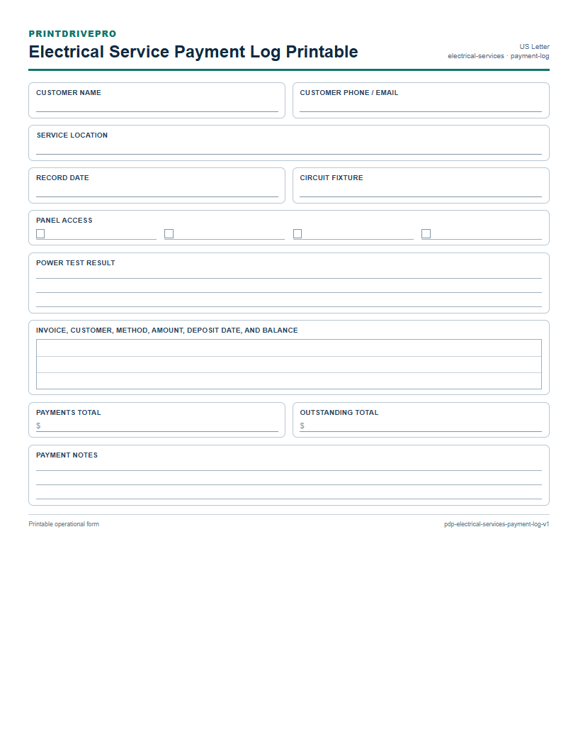 Electrical Service Payment Log Printable preview