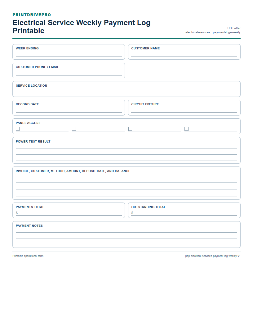 Electrical Service Weekly Payment Log Printable preview