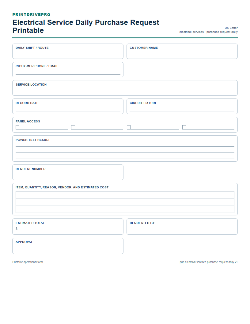 Electrical Service Daily Purchase Request Printable preview