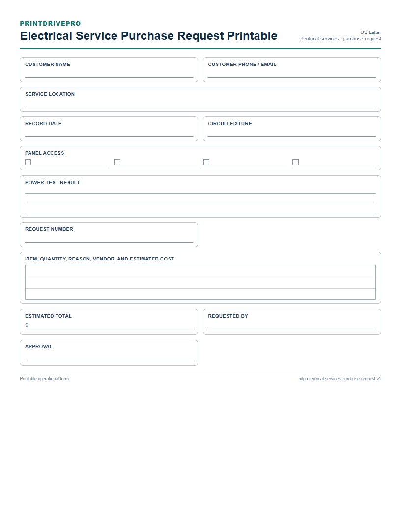 Electrical Service Purchase Request Printable preview