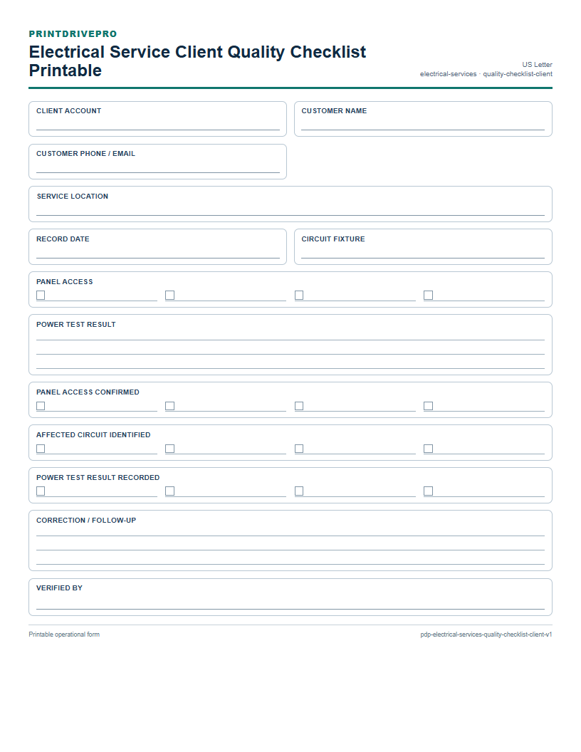Electrical Service Client Quality Checklist Printable preview