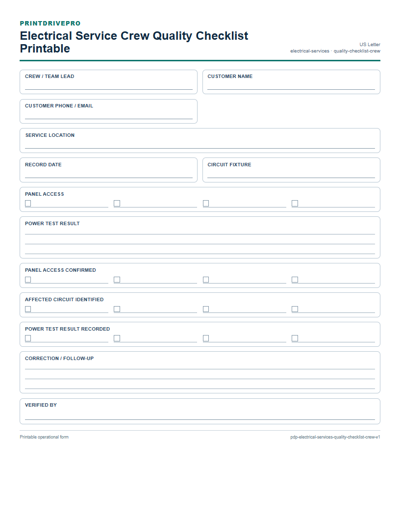 Electrical Service Crew Quality Checklist Printable preview