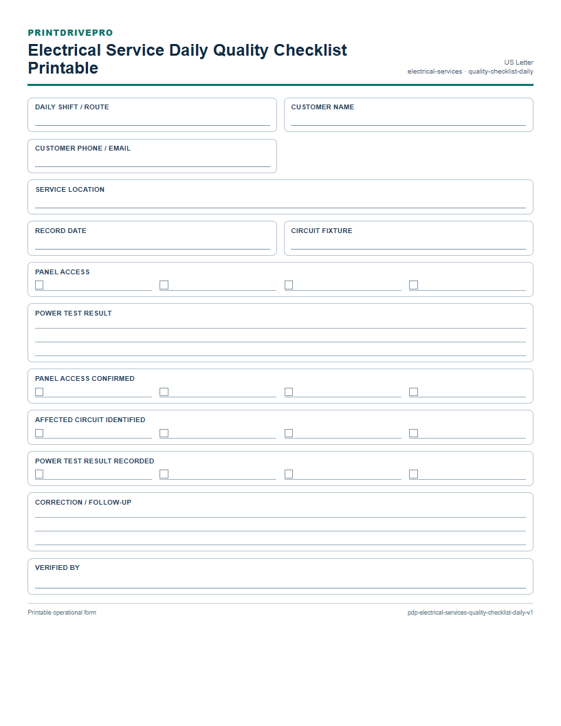 Electrical Service Daily Quality Checklist Printable preview