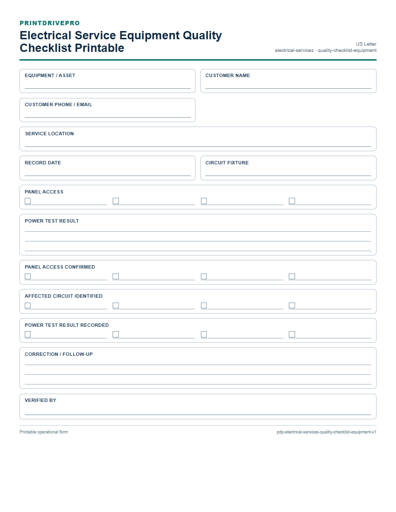 Electrical Service Equipment Quality Checklist Printable preview
