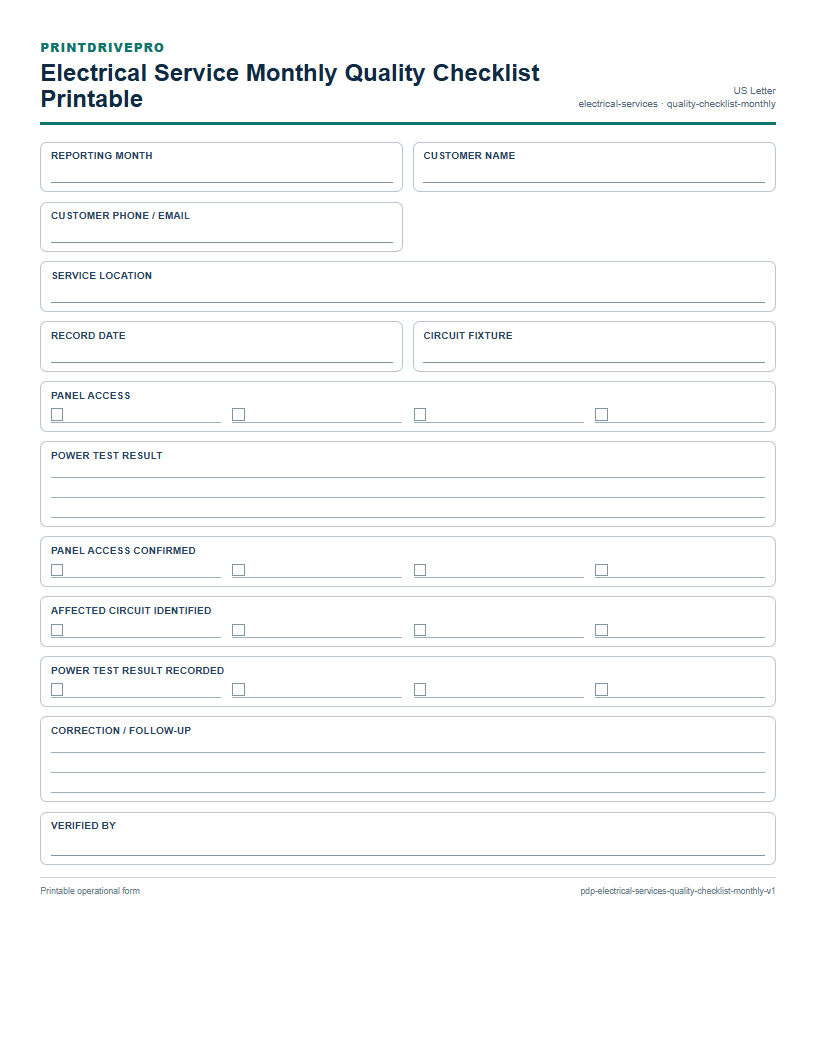 Electrical Service Monthly Quality Checklist Printable preview