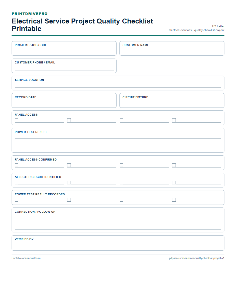 Electrical Service Project Quality Checklist Printable preview