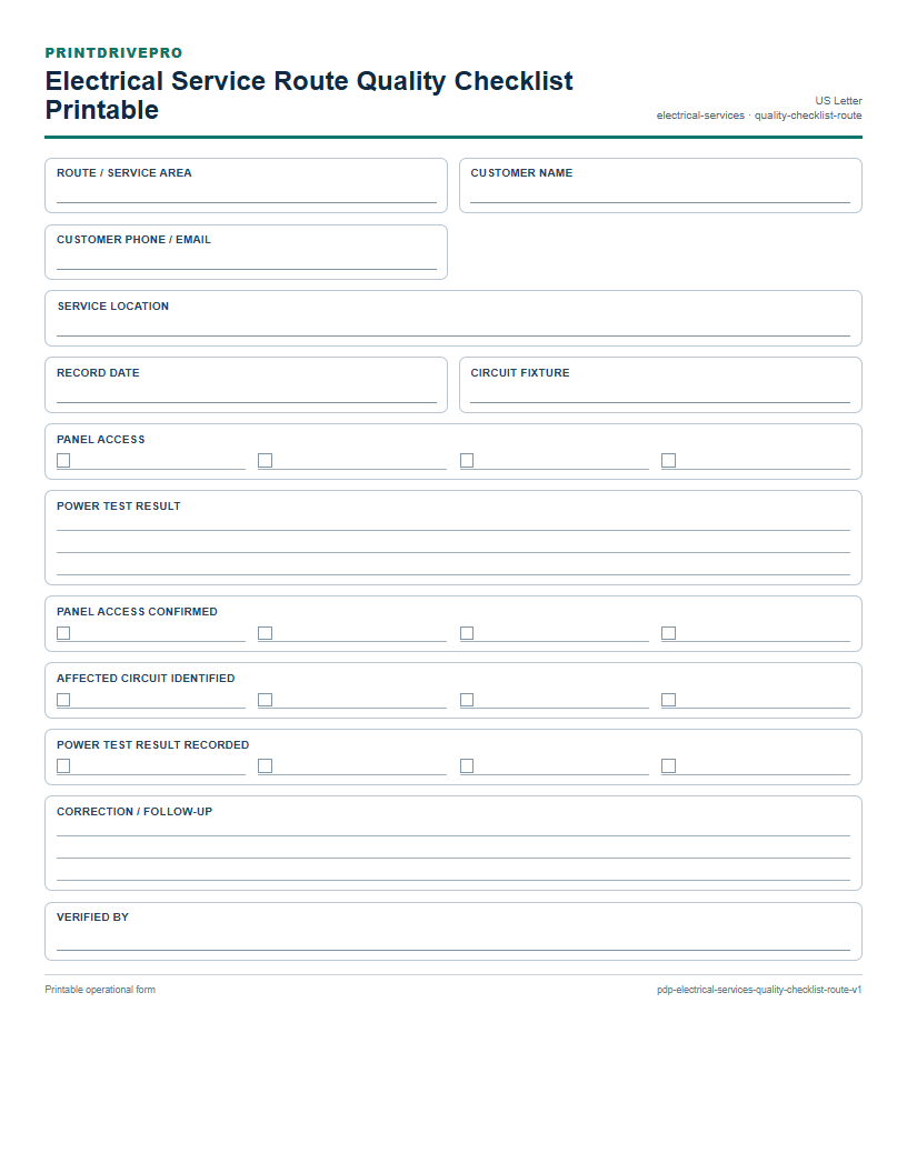 Electrical Service Route Quality Checklist Printable preview